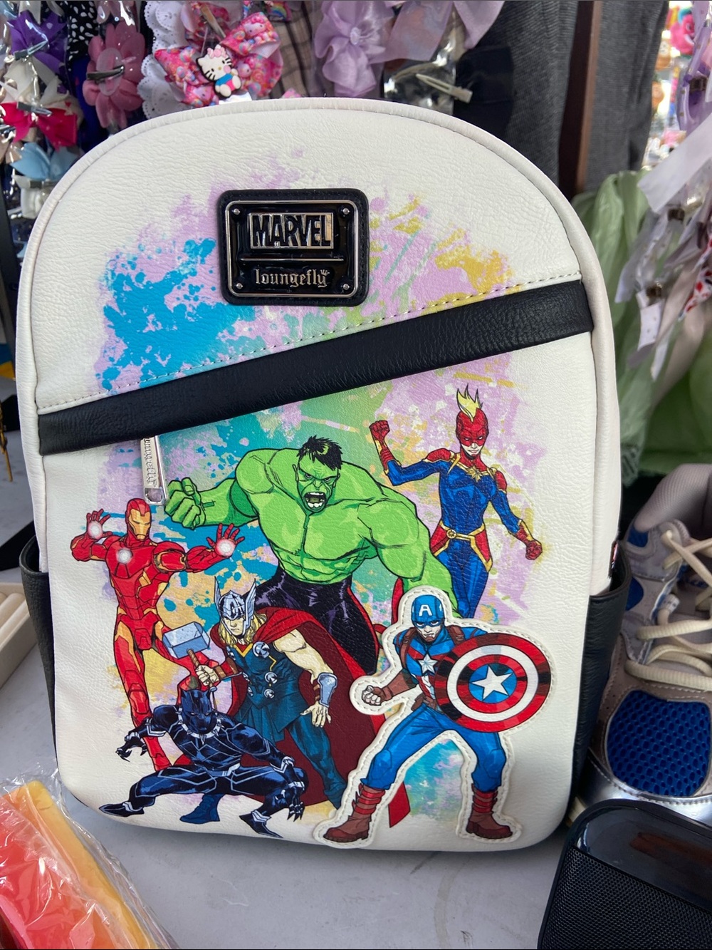 Loungefly Kids White Marvel Superhero Backpack with Multicolor Graphics